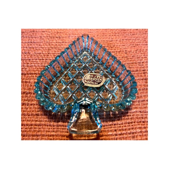 Bohemia Glass Czech Republic Blue Diamond Cut Footed Card Trinket Dish Ashtray - Picture 1 of 5